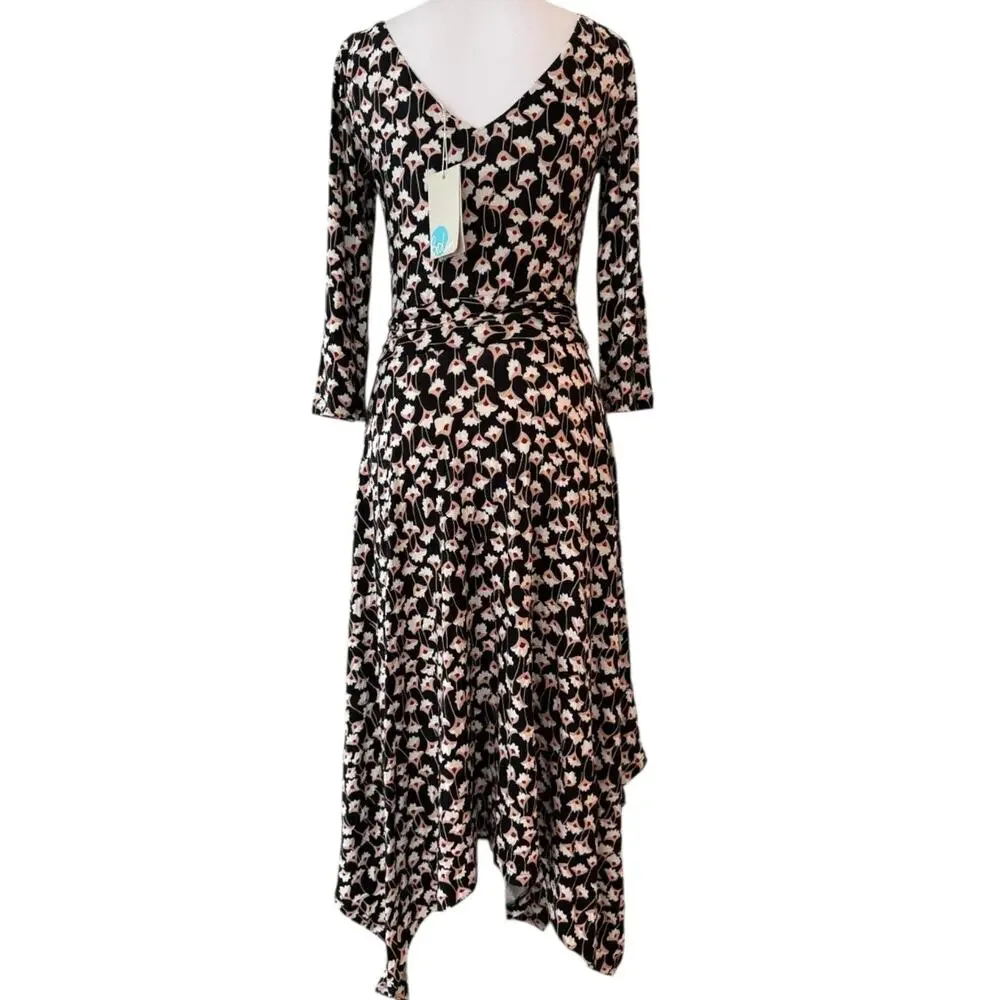 Boden Maisie Matte Jersey Midi Dress Black Floral Handkerchief Hem Ruched Size 8 - Picture 3 of 12